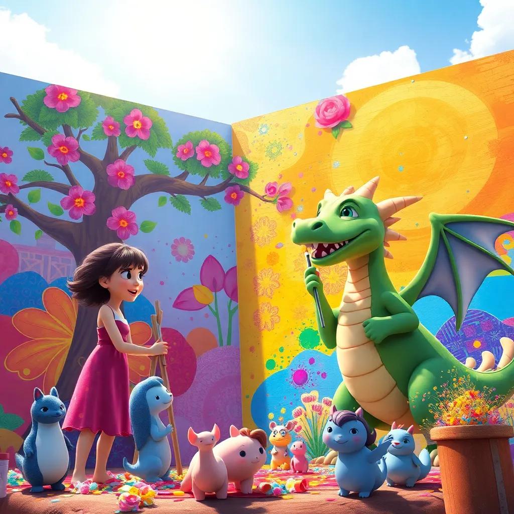 Blossom, the tree, and the dragon painting a giant mural filled with colors, sunny day, magical creatures smiling and watching, bright colors splashing, joyful scene, digital painting, cheerful, artistic