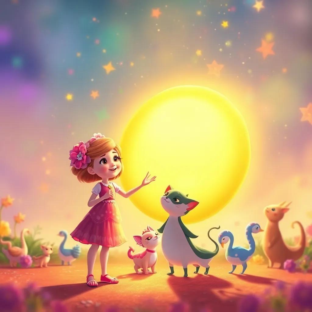 Blossom standing next to her friends, painting a giant glowing sun together, filled with happiness and warmth, colorful background with magical creatures dancing around, soft light, joyful atmosphere, digital art, whimsical, enchanting
