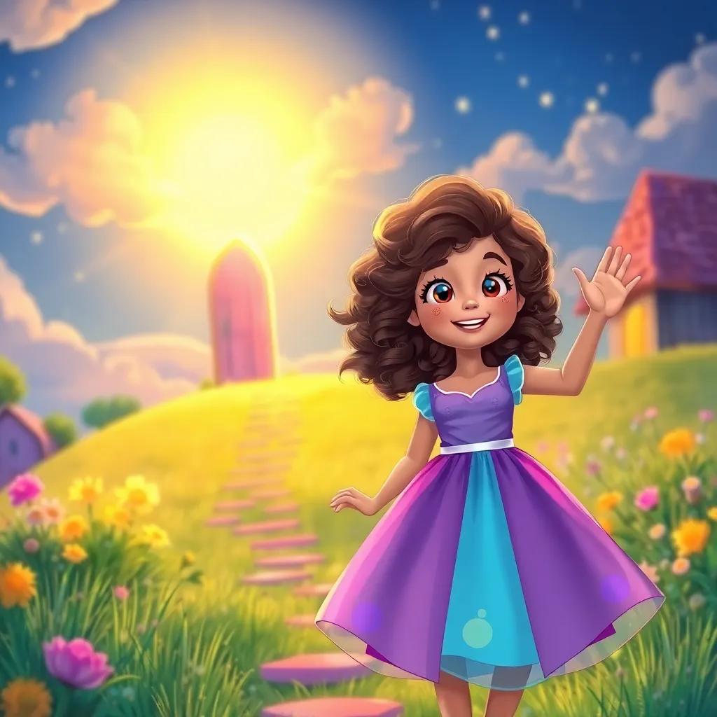 Blossom, with curly hair in a colorful dress, waving goodbye to her friends in a magical land, a shimmering door in the sky glowing above, soft sunset light, inviting, magical atmosphere, child-friendly illustration