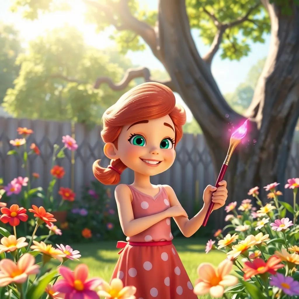 Blossom in her backyard with the magical paintbrush in hands, smiling and looking forward, bright flowers and the big tree behind her, sunlight shining, cheerful, imaginative mood, digital art, vibrant, uplifting