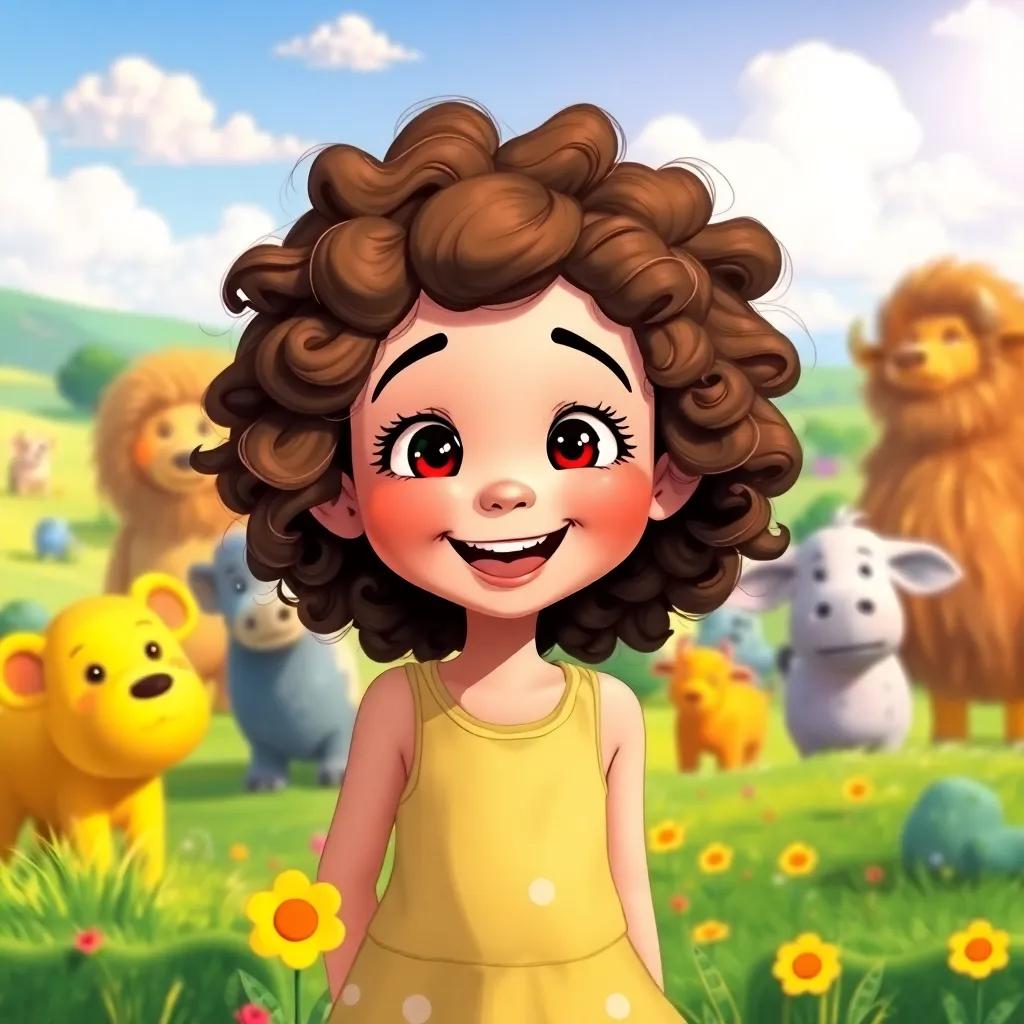 Lucy, a young girl with curly brown hair, in a colorful land with fluffy clouds and big friendly animals, smiling and looking excited, bright and colorful landscape, illustration, joyful, high quality