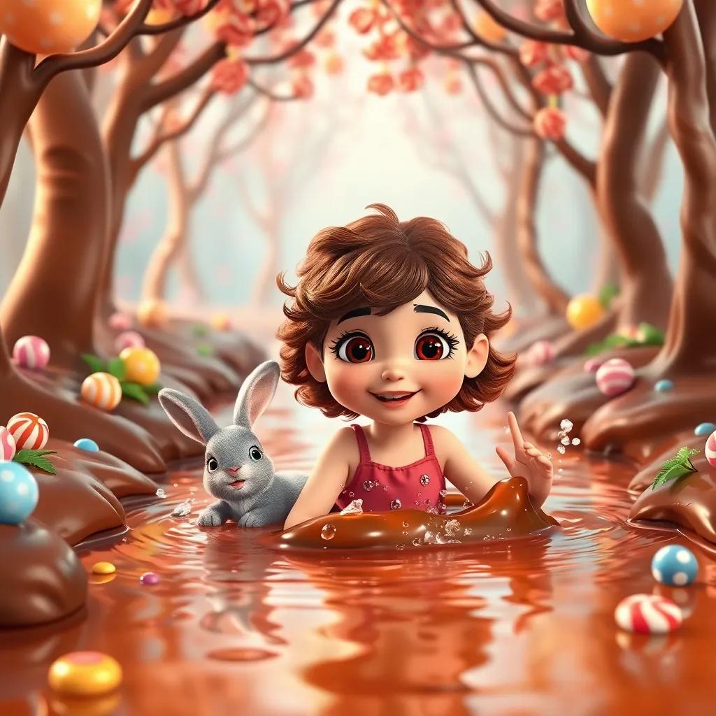 Lucy, a young girl with curly brown hair, splashing in a warm chocolate river with a talking rabbit beside her, surrounded by candy trees, sweet treats everywhere, playful mood, vivid colors, cheerful scene, high quality