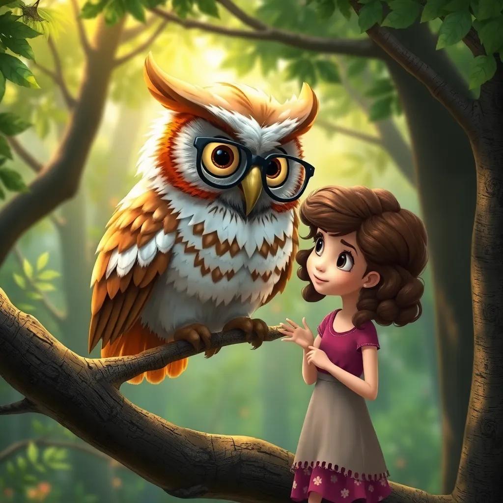 An old wise owl, with glasses and shiny golden feather, perched on a tree branch, talking to Lucy, a young girl with curly brown hair, in a magical forest setting, whimsical atmosphere, digital art, rich details, high quality