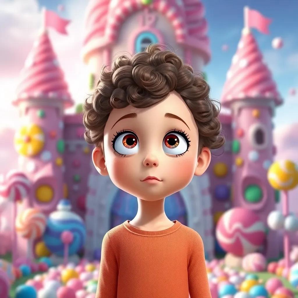 Lucy, a young girl with curly brown hair, standing in front of a Candy Castle made of gumdrops and cotton candy, eyes wide with wonder, colorful candy landscape, magical feel, illustration, vibrant atmosphere, high quality