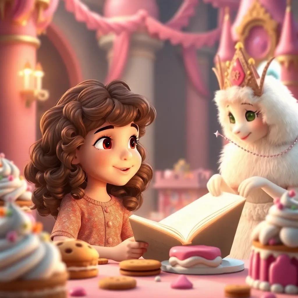 Lucy, a young girl with curly brown hair, listening to a fluffy princess sharing tales, surrounded by cookies and cakes in the Candy Castle, joyful scene, warm colors, charming details, high quality