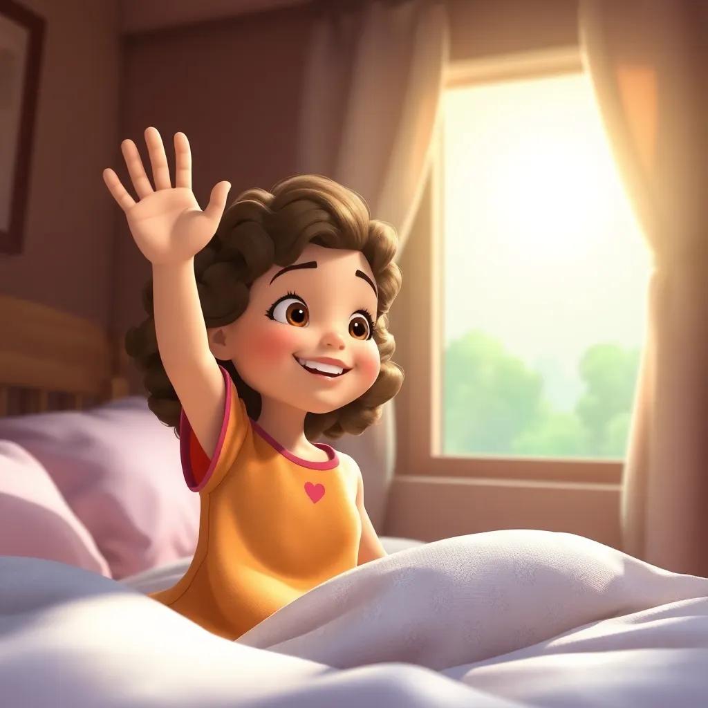 Lucy, a young girl with curly brown hair, waving goodbye to her friends in Dreamland, back in her cozy bed with the sun shining in, expressing happiness and warmth, digital art, comforting feel, high quality
