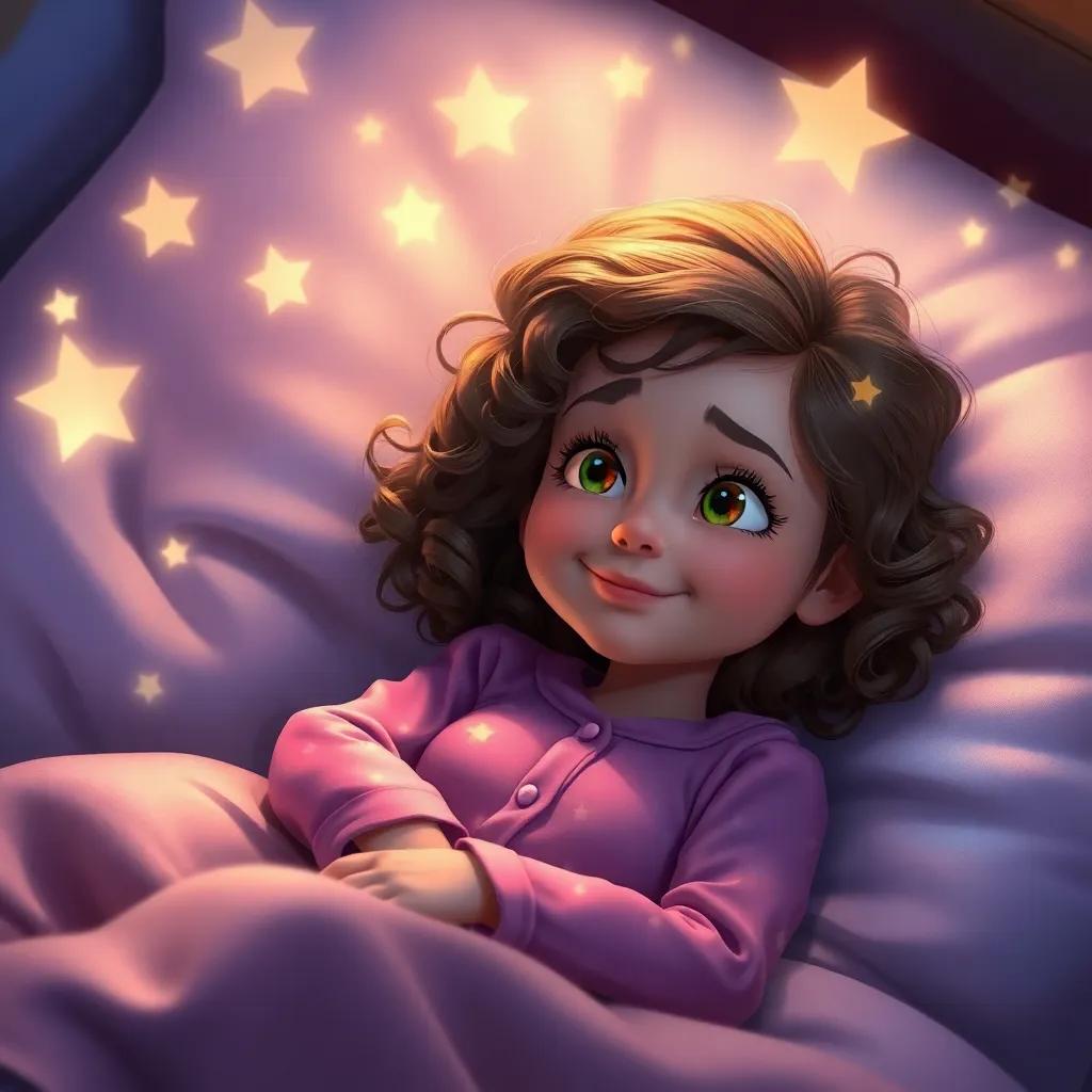 Lucy, a young girl with curly brown hair, lying in bed with magical pajamas, dreaming of Dreamland, sparkling stars around her, soft focus, dreamy atmosphere, high quality