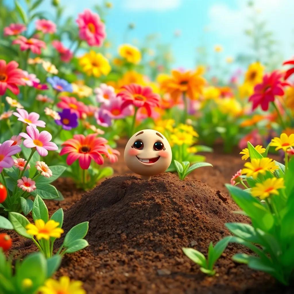 A vibrant garden filled with colorful flowers and bright green plants, a cheerful seed named Sammy peeking out of the soil, digital art, bright and lively colors, inviting atmosphere, high quality