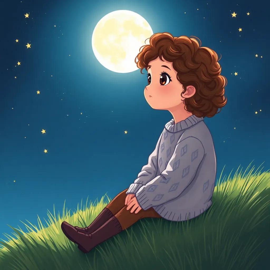 A young girl, Mia, with curly brown hair wearing a cozy sweater, sitting on a grassy hill under a bright full moon, gazing at the stars, digital art, serene night atmosphere, magical glow, high quality