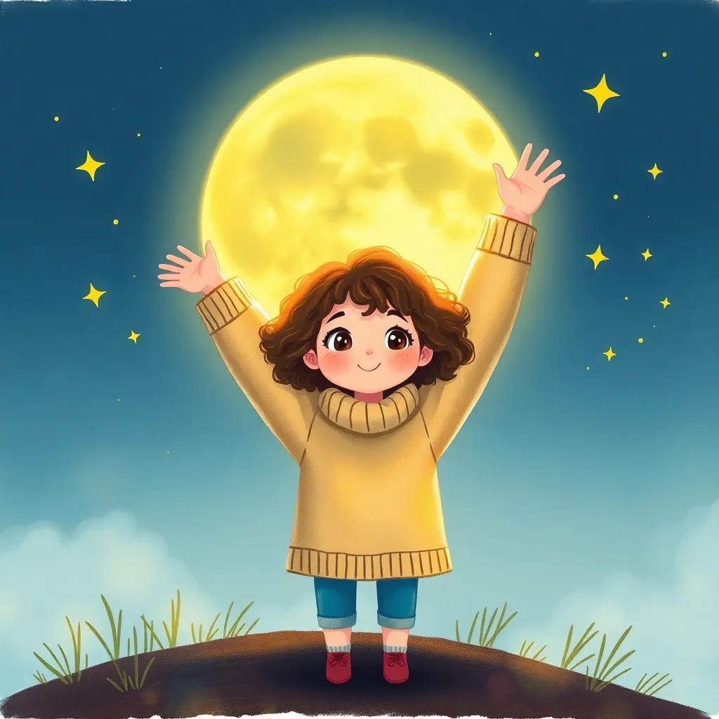 Mia, a young girl with curly brown hair in a cozy sweater, standing on the hilltop, arms raised toward the glowing full moon, surrounded by twinkling stars and a gentle breeze, illustration, vibrant colors, enchanting scene, child-friendly