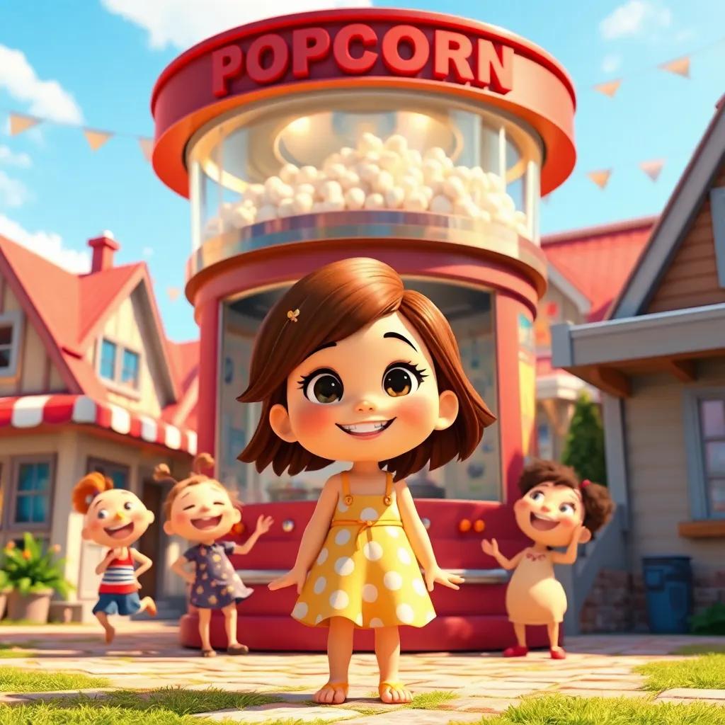 A cozy town with a big popcorn machine, a little girl named Mia with brown hair in a summer dress, surrounded by excited friends, sunny day, cheerful colors, playful atmosphere, digital art, warm lighting, inviting scene, high quality