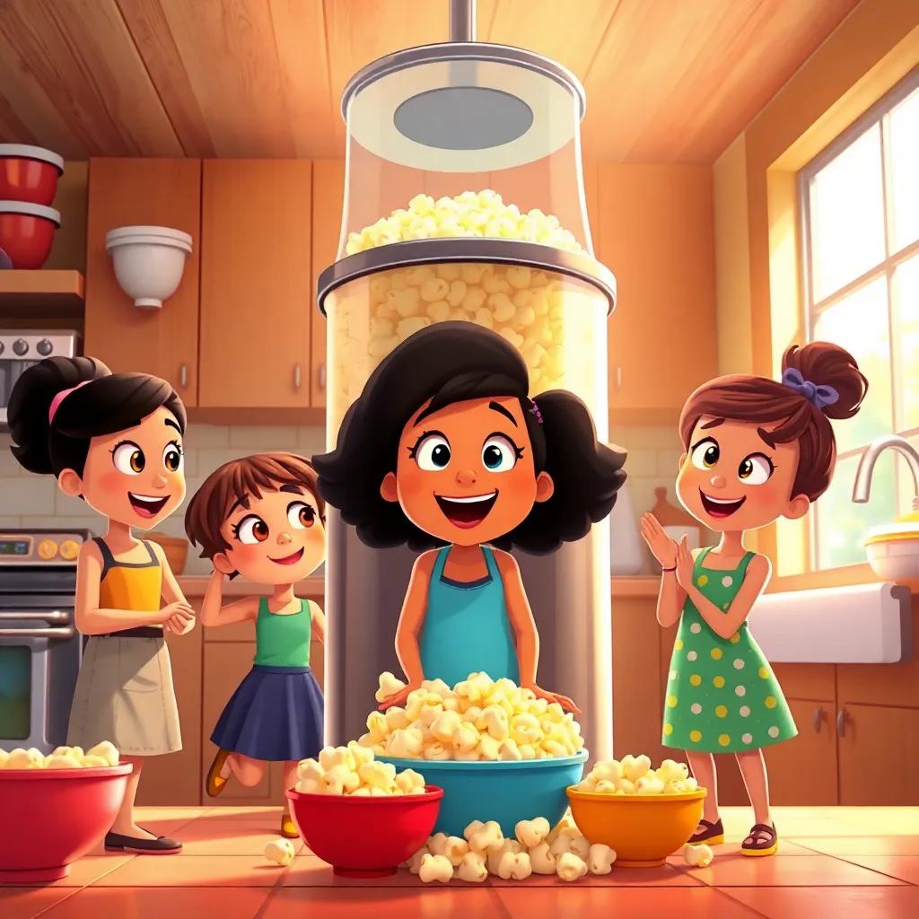 Mia and her friends in the kitchen, standing around the giant popcorn machine, looking amazed, colorful bowls ready to catch the popcorn, bright sunlight streaming in, joyful expressions, illustration, vibrant colors, fun vibe, heartwarming quality