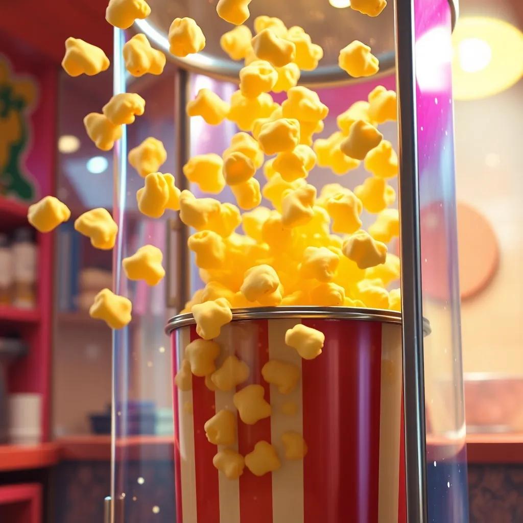 A close-up of the giant popcorn machine popping popcorn, fluffy golden popcorn flying in the air, sparkling machine, vibrant kitchen background, digital painting, lively colors, magical atmosphere, action shot, high detail