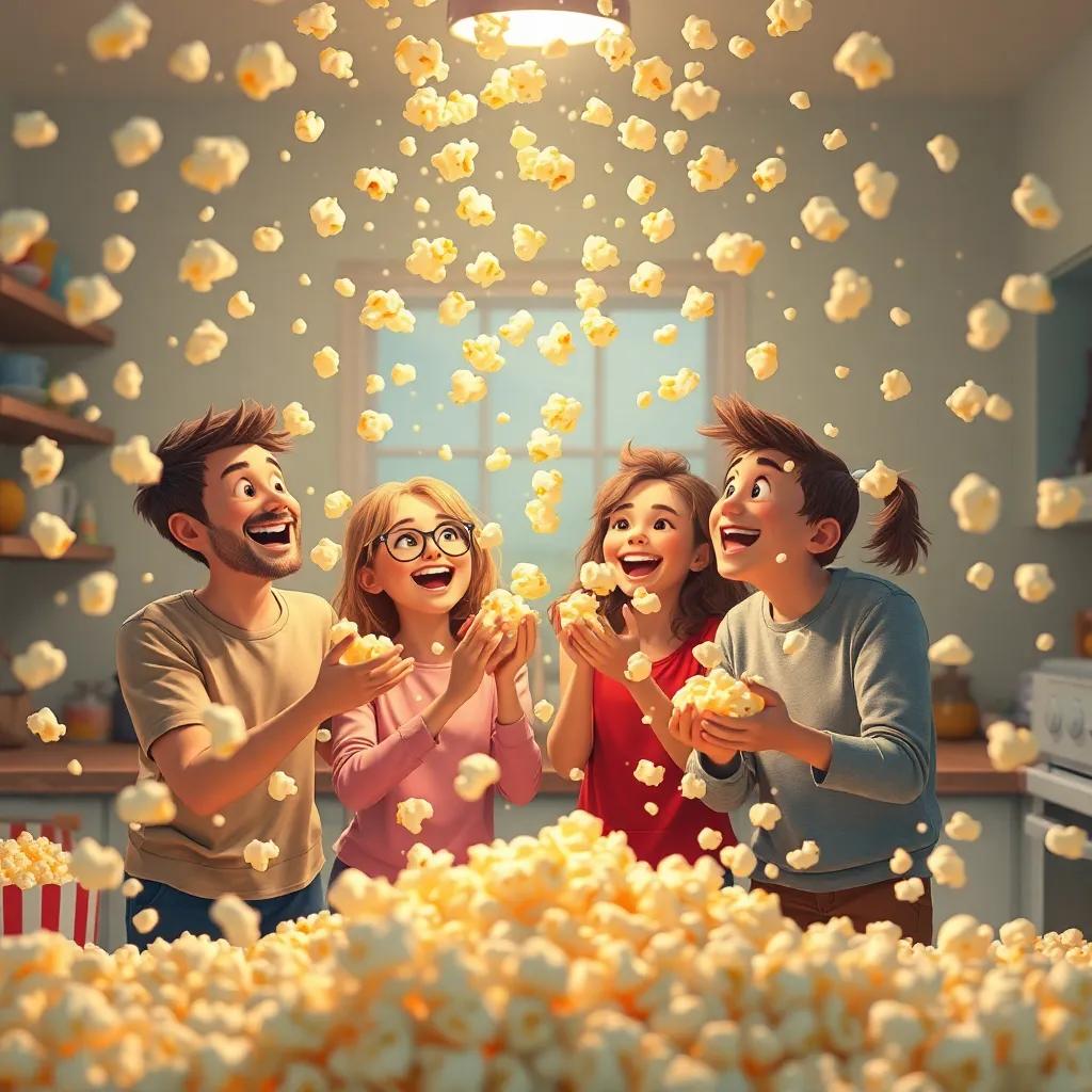 A flurry of popcorn raining down like fluffy snow, friends laughing and catching it in their arms, filled with joy, soft light giving a warm glow, colorful kitchen, digital art, joyful scene, playful quality, high resolution