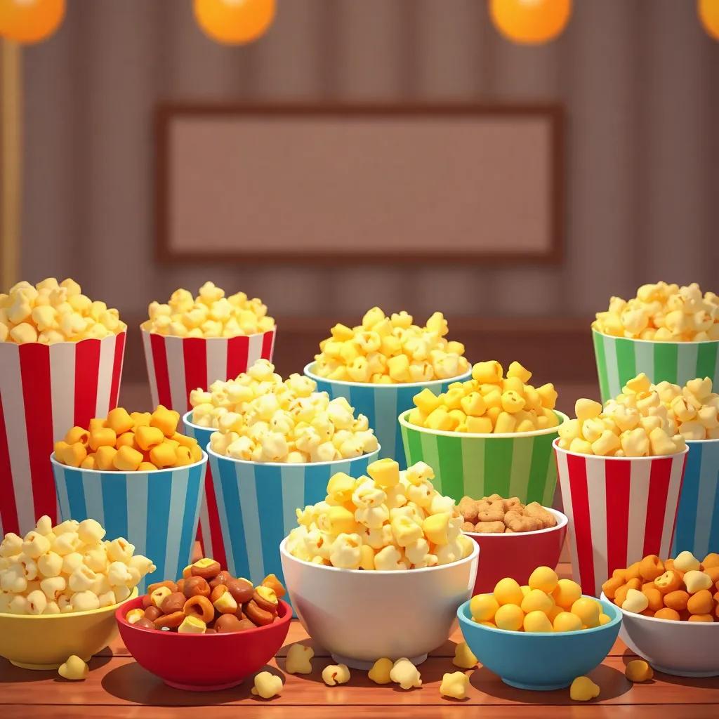 A variety of popcorn flavors displayed on a table, bowls filled with butter, cheese, caramel popcorn, colorful snacks creating a delightful feast, warm lighting, inviting ambiance, digital illustration, friendly tone, high quality
