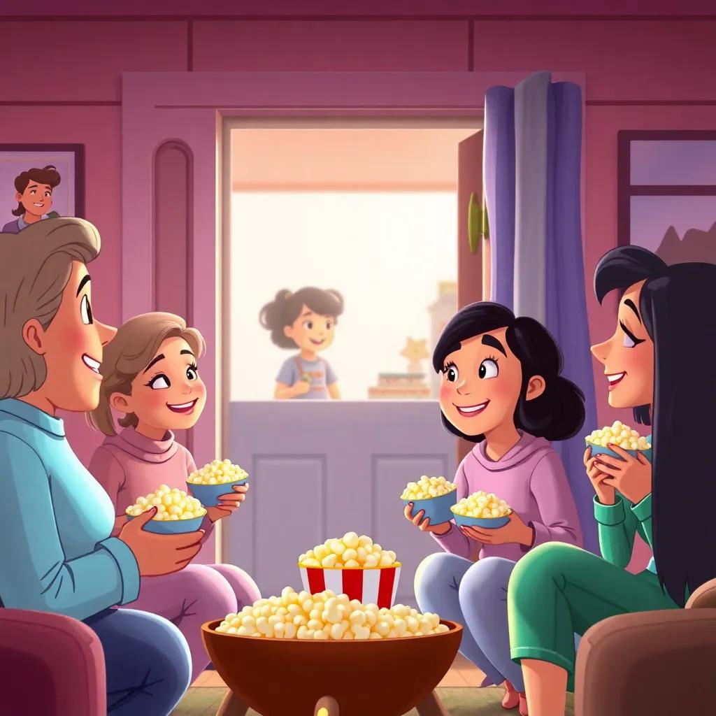 Mia and her friends sharing popcorn with neighbors at the door, everyone smiling and laughing, popcorn bowls in hand, cozy living room setting, heartwarming scene, bright colors, digital art, cheerful atmosphere
