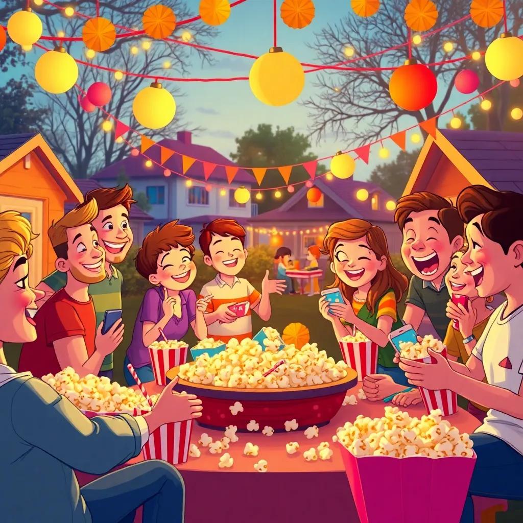 A joyful popcorn party scene with friends and neighbors, laughter all around, games being played, popcorn everywhere, colorful decorations, evening light creating a warm atmosphere, illustration, lovely vibe, high detail