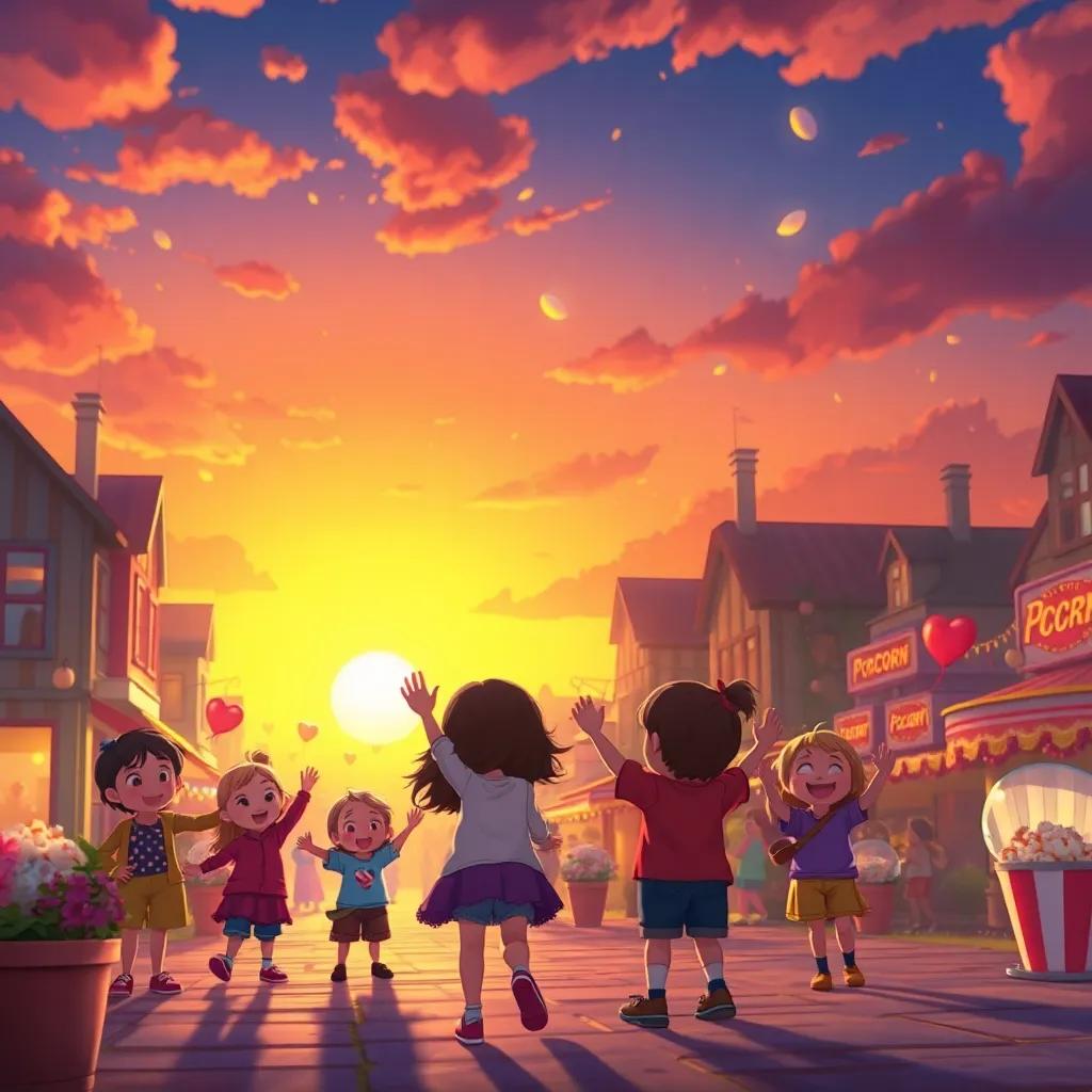 A sunset view of the town after the popcorn party, children waving goodbye, happy hearts and smiles, soft golden light, serene and magical feel, digital painting, enchanting quality, colorful