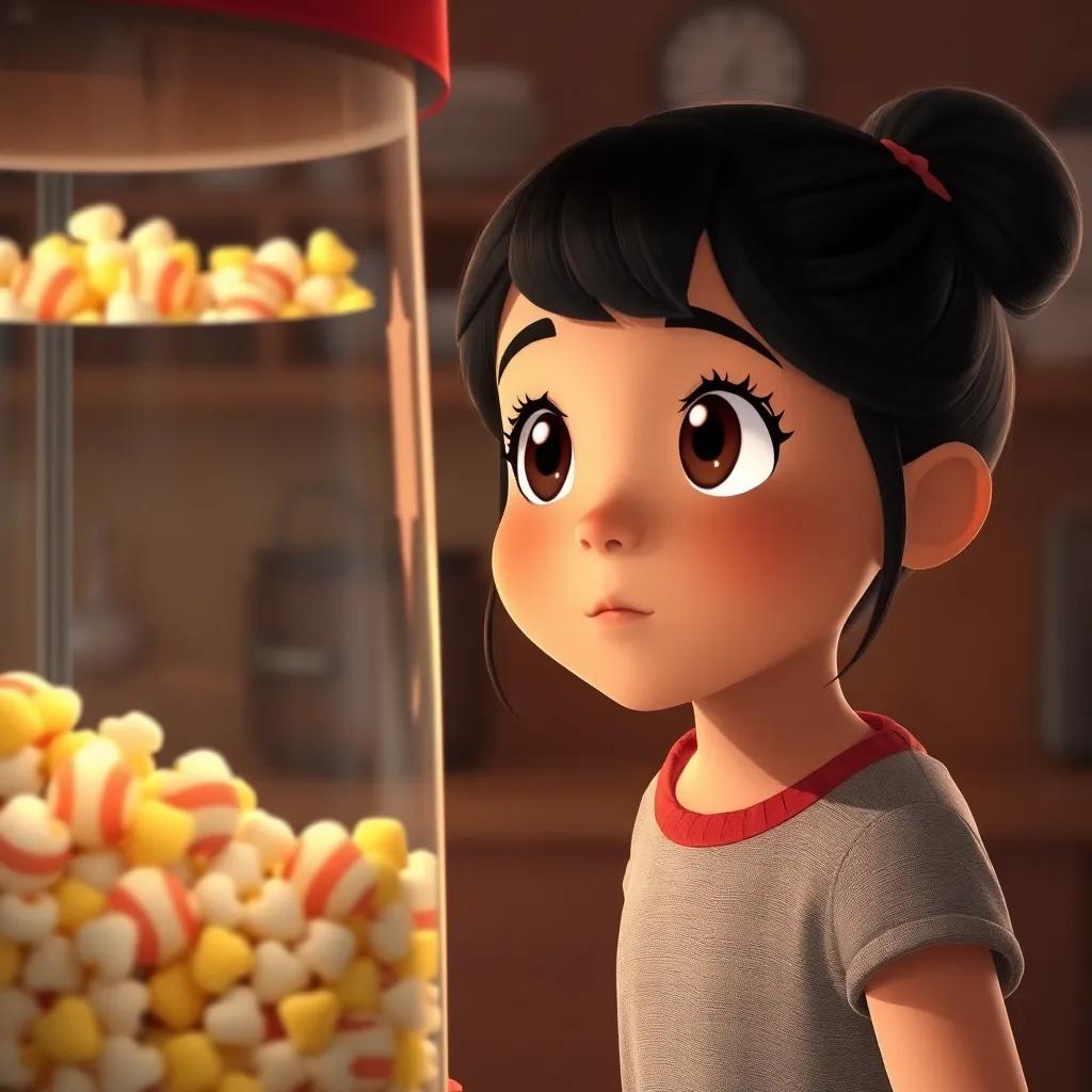 Mia looking at a popcorn machine with hope in her eyes, dreaming of future adventures, soft light highlighting her curiosity, cozy kitchen, digital art, poignant moment, high quality