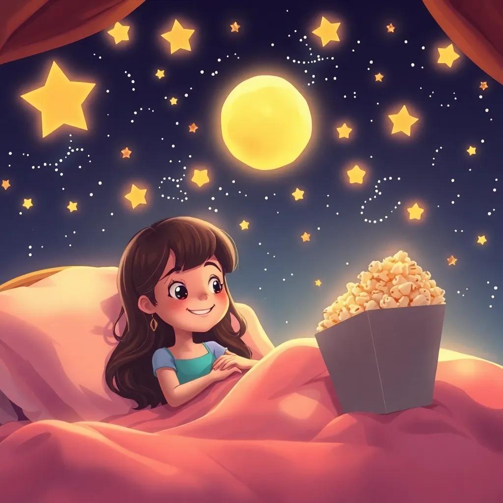 An imaginative scene of the popcorn party, dreaming of future popcorn adventures, stars twinkling above, Mia in her bed smiling at the thought of popcorn, warm colors creating a magical atmosphere, illustration, dreamy quality, high resolution
