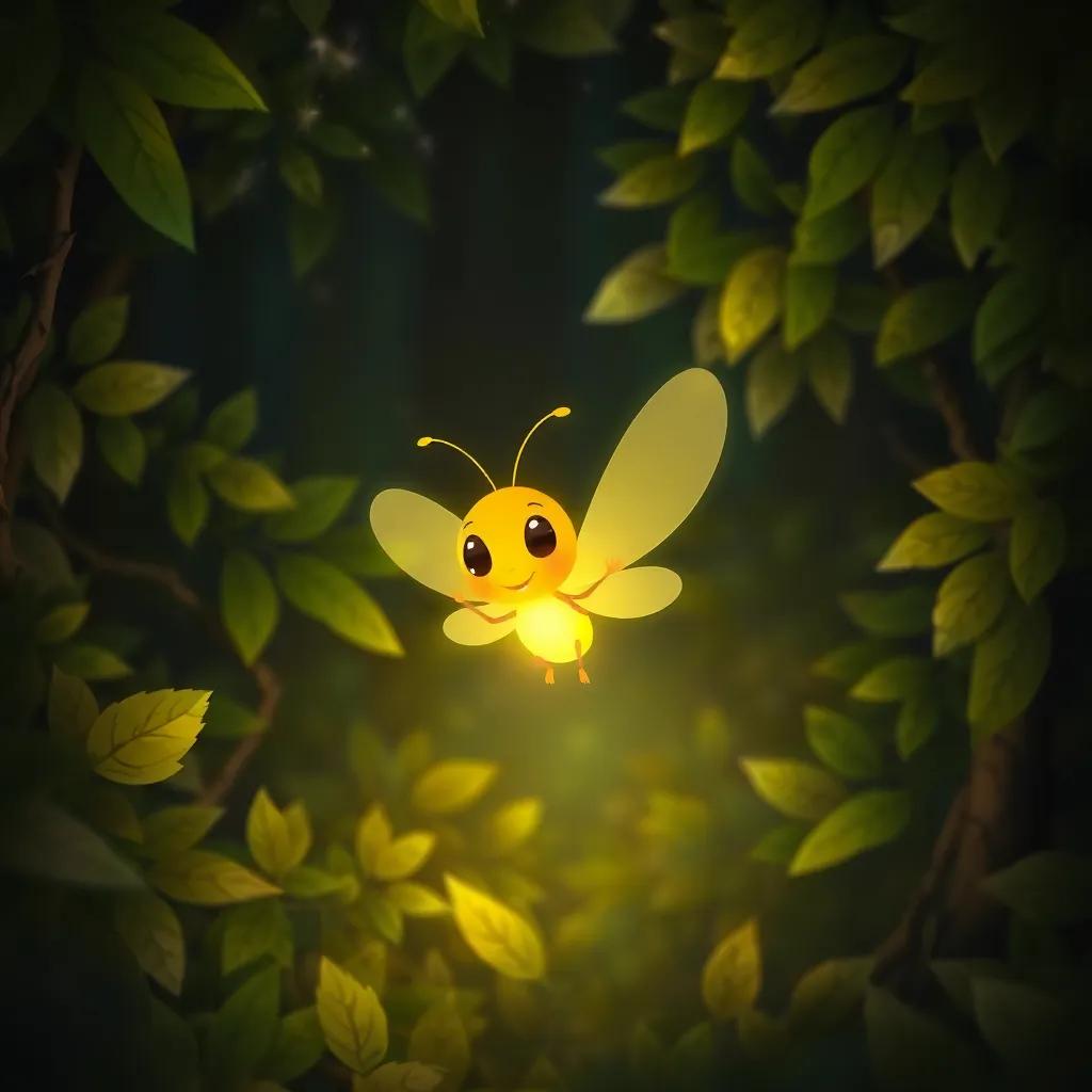 A little firefly named Flick, glowing softly, flying through a dark green forest filled with leaves, twinkling stars above, digital art, cheerful atmosphere, warm colors, high quality