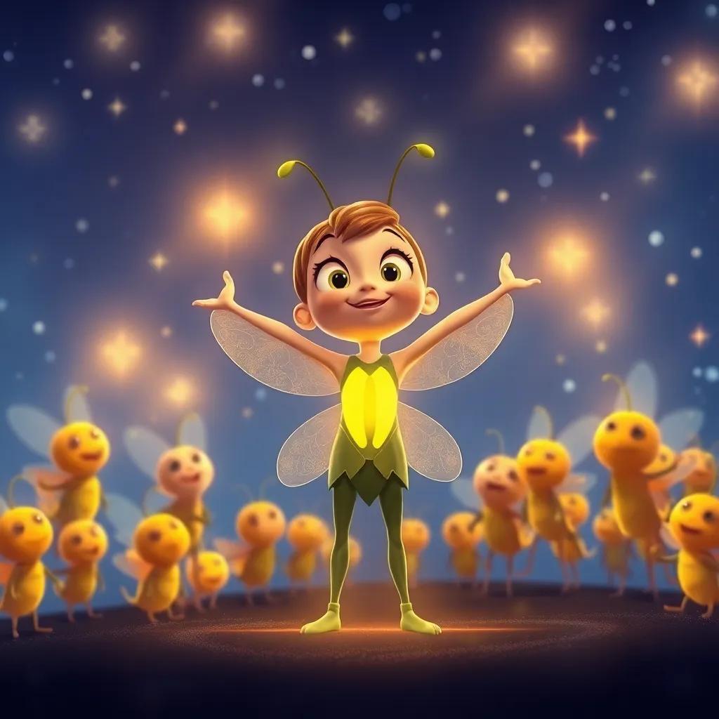 Flick the firefly gathering courage, standing bravely among her firefly friends, who are cheering her on, surrounded by twinkling lights in the night sky, illustration, lively, uplifting scene
