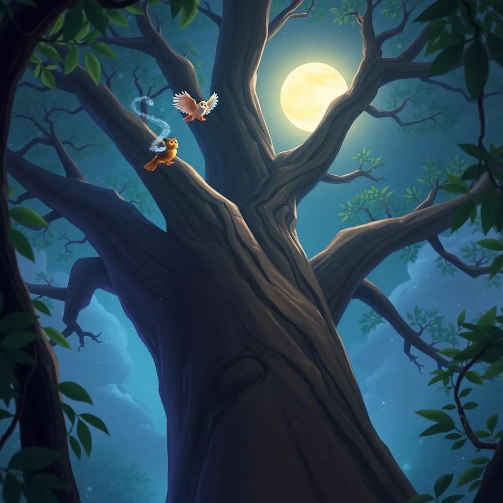 Flick flying high above a tall, ancient tree, looking for the wise old owl, surrounded by leaves and some glowing moonlight, digital painting, adventurous feel, soft colors, vibrant