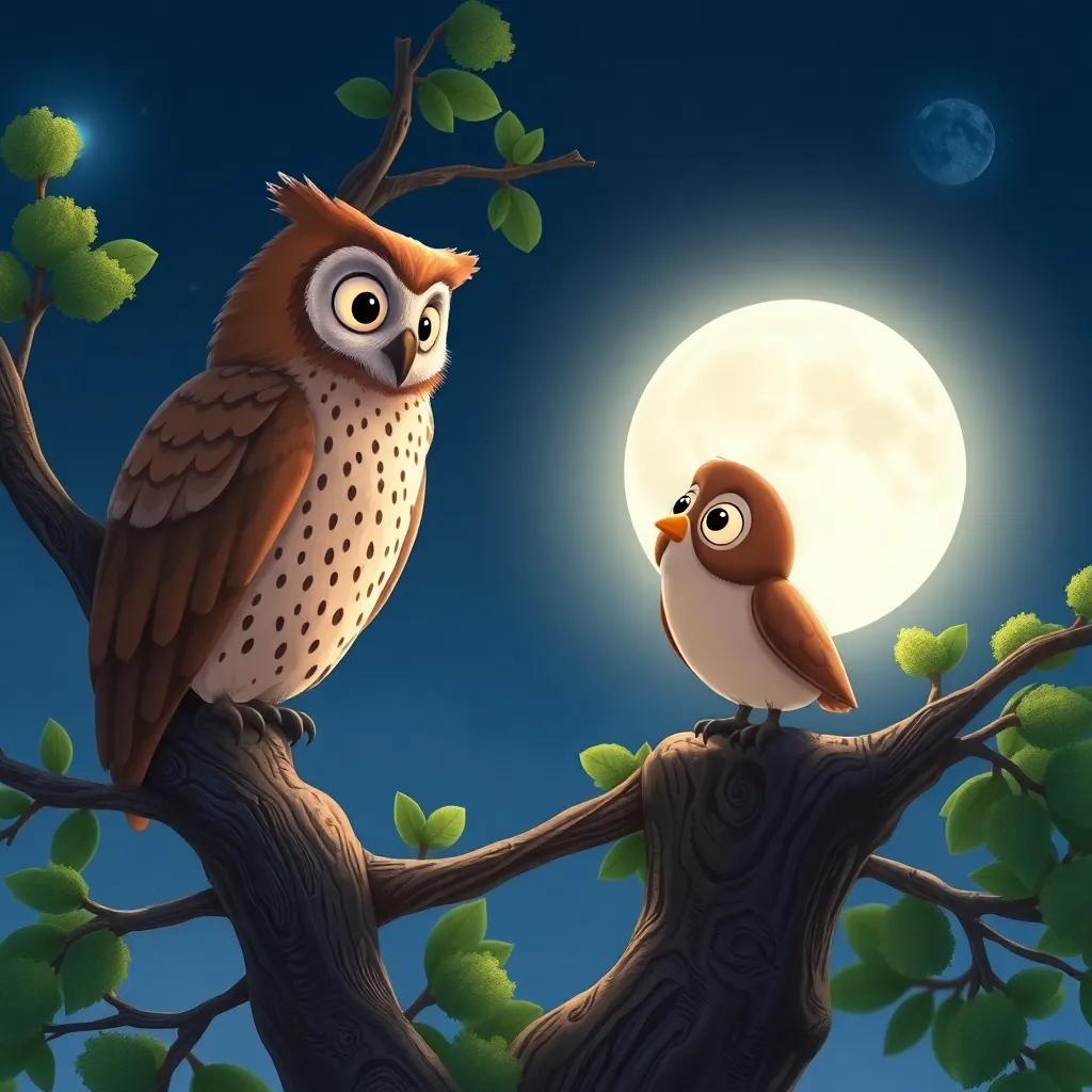 A wise owl perched at the top of the tree, with Flick talking to it, the owl looks wise and calm, with moonlight shining down on them, illustration, friendly, warm light, high quality