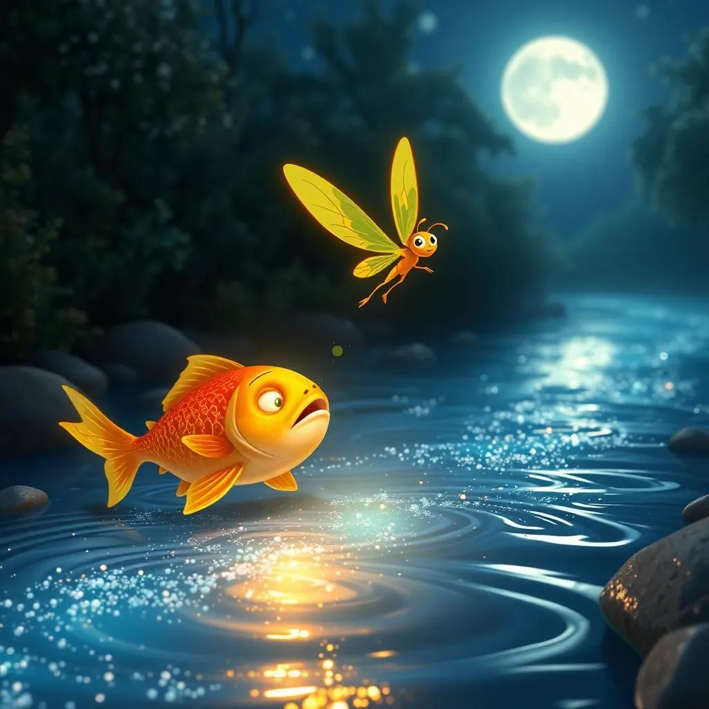 Flick the firefly gliding over a sparkling river, meeting a friendly fish that glistens, the river reflects the moonlight, with rippling water, digital art, magical atmosphere, bright colors, detailed