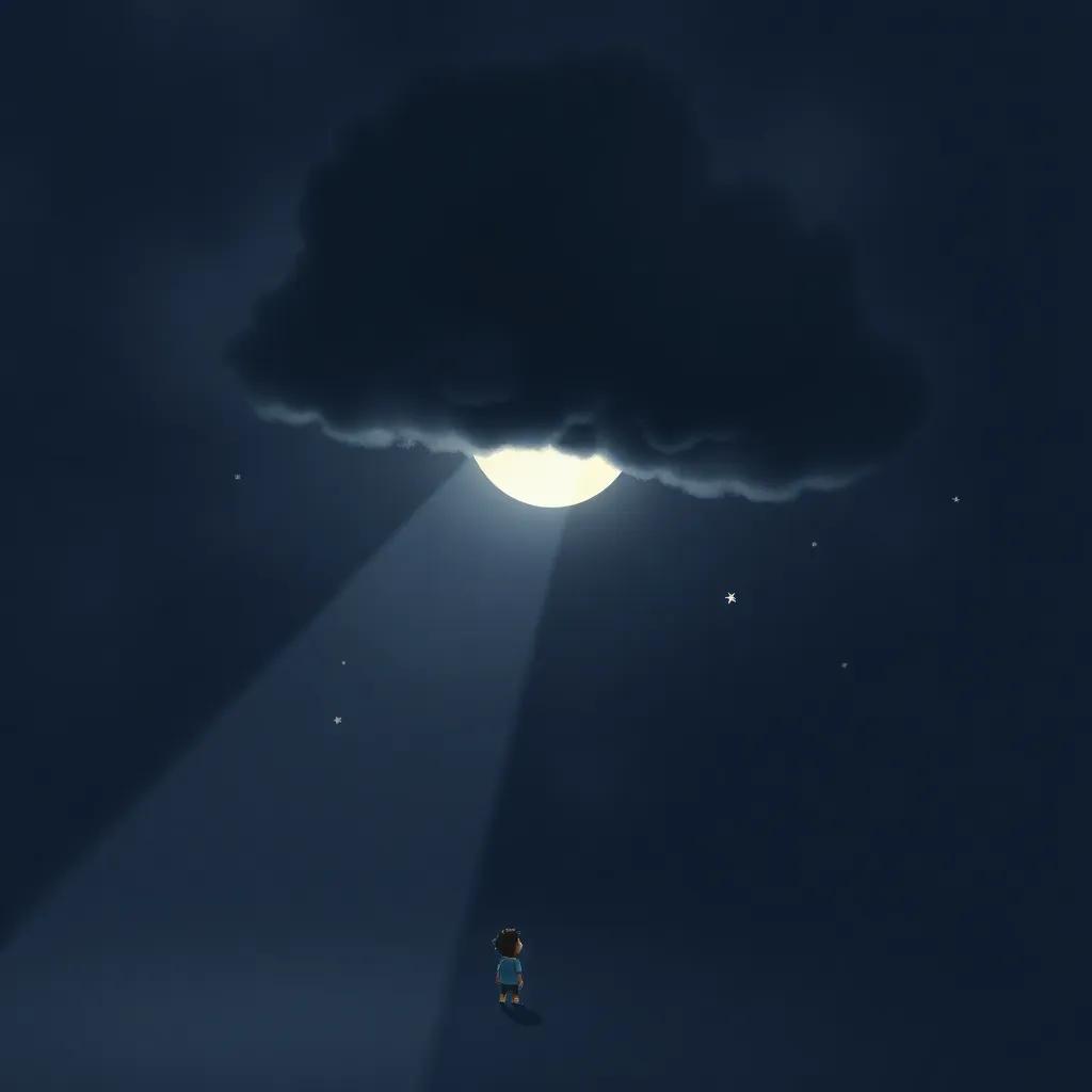 A dark cloud covering the moon and stars, with Flick looking scared and small, a contrasting shadowy scene, illustration, dramatic lighting, high quality