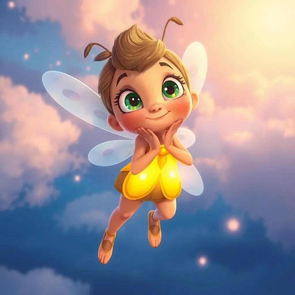 Flick the firefly gathering herself, floating high up toward the clouds, determination in her tiny eyes, glowing brighter as she ascends, digital painting, bright colors, inspirational scene, vibrant