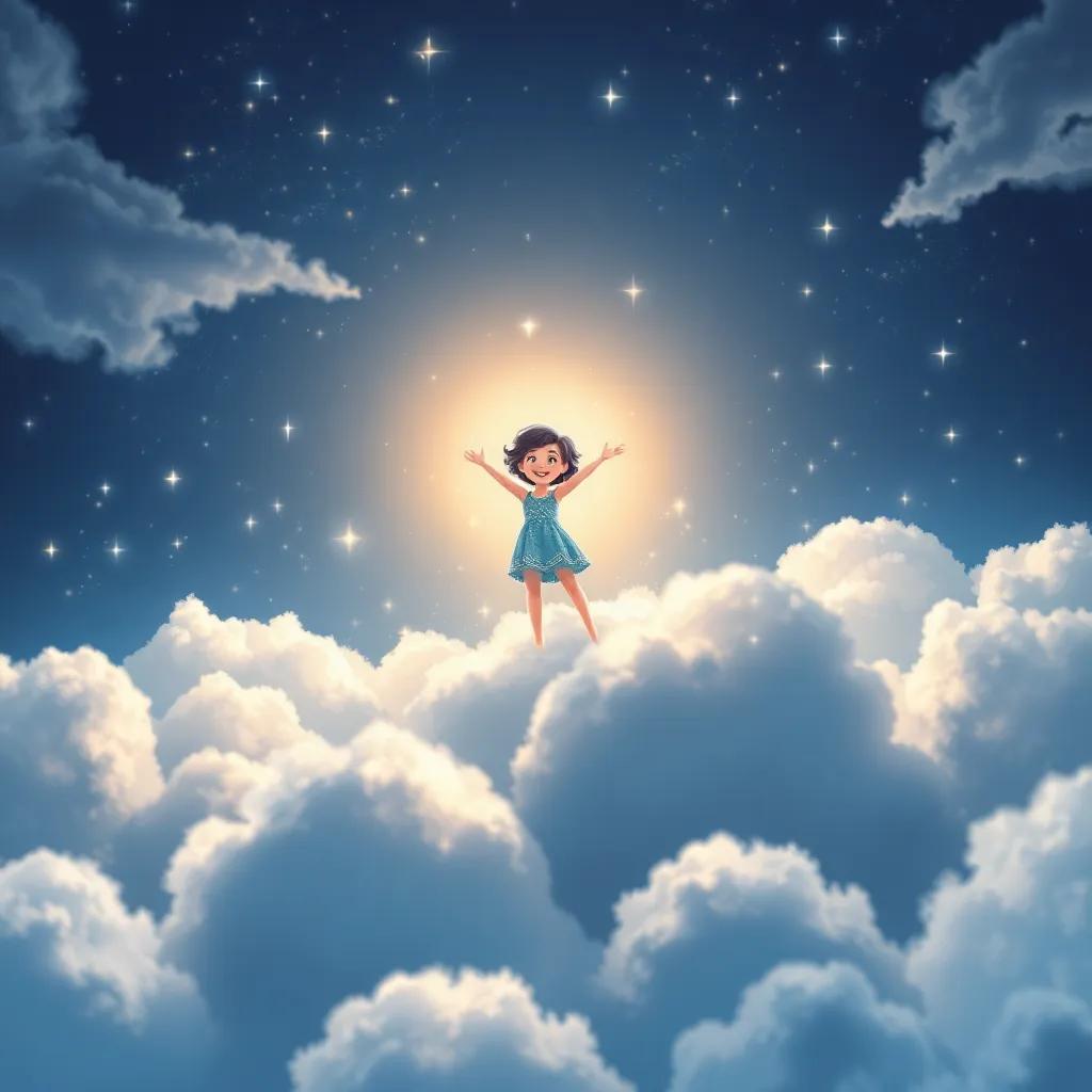 Flick shining brightly above the clouds, sparkling lights all around her like diamonds, the dark clouds fading away, illustration, magical and uplifting, high quality
