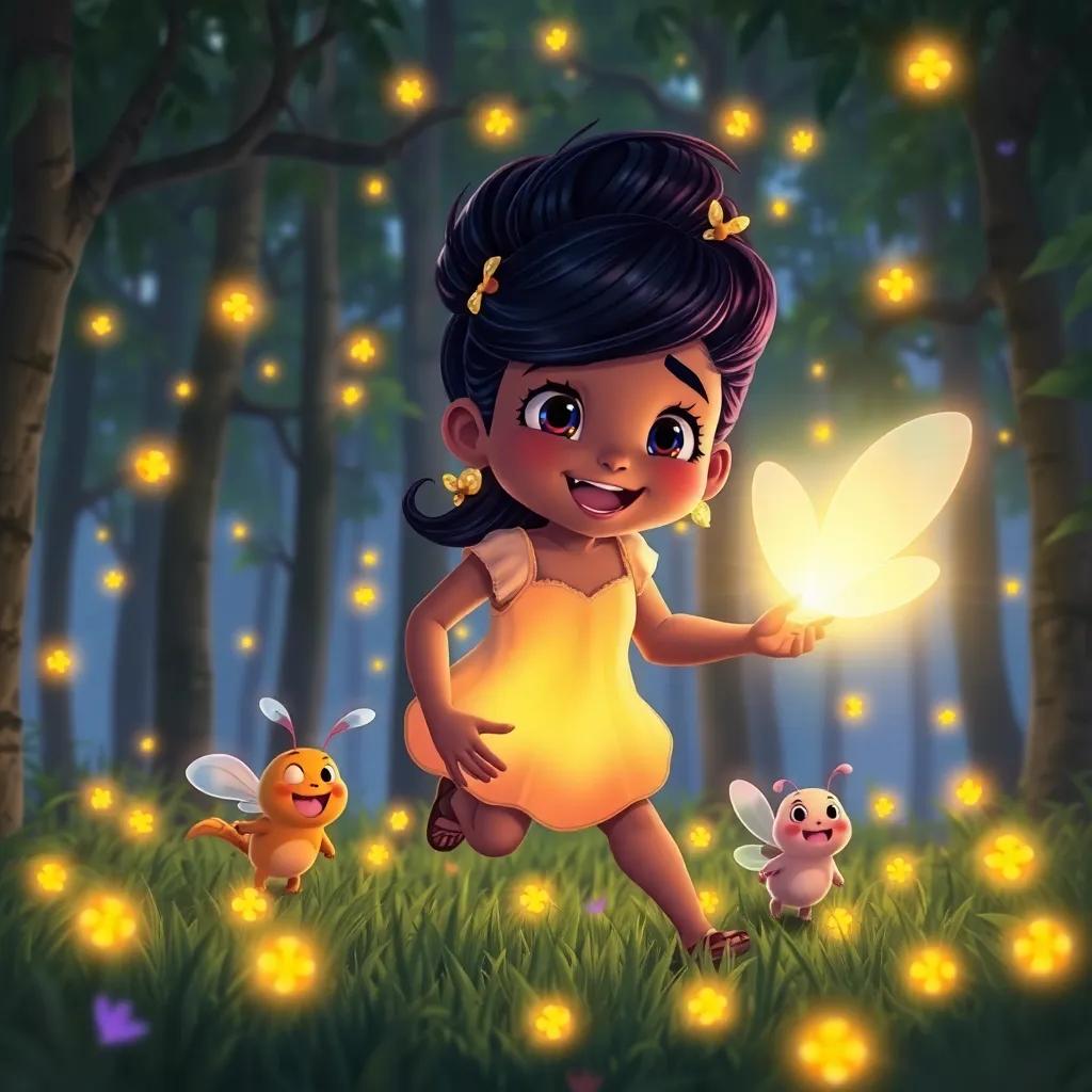 Flick returning to her friends, lighting up the forest with her beautiful glow, surrounded by amazed fireflies, digital art, joyful and heartwarming scene, vibrant
