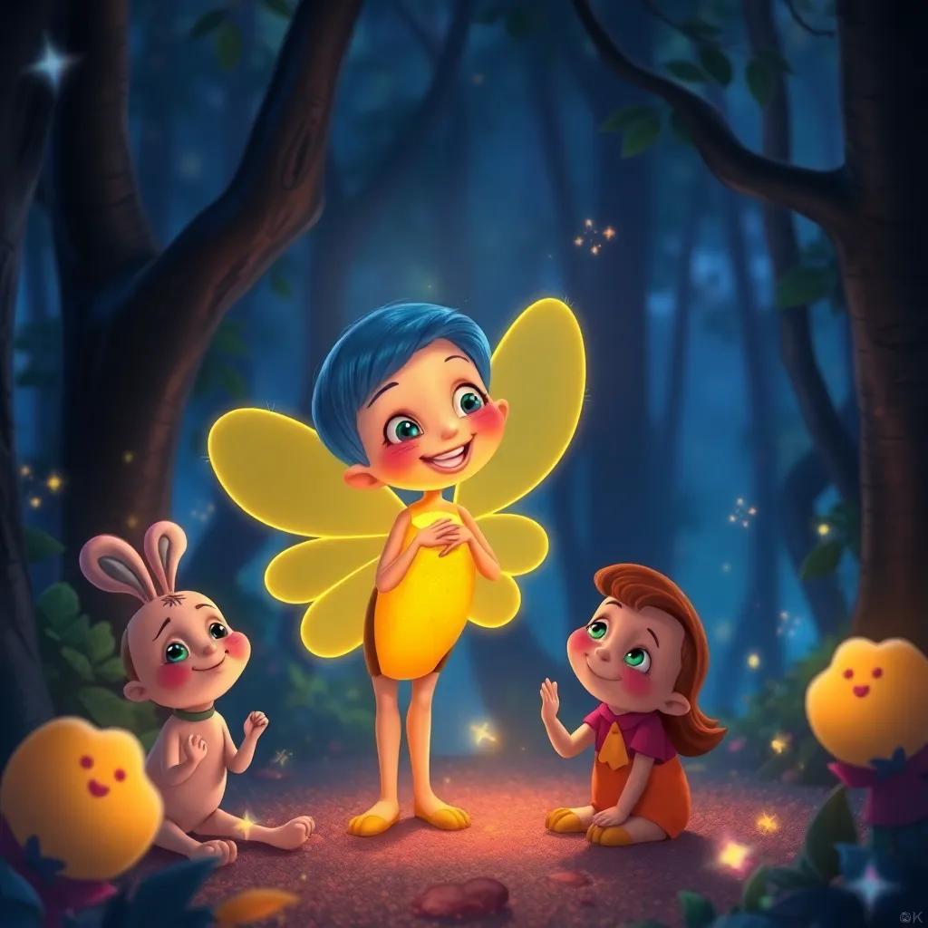 Flick the firefly glowing proudly, smiling as she shares her memories with friends, the forest sparkles around them in harmony, illustration, colorful, heartwarming scene, magical