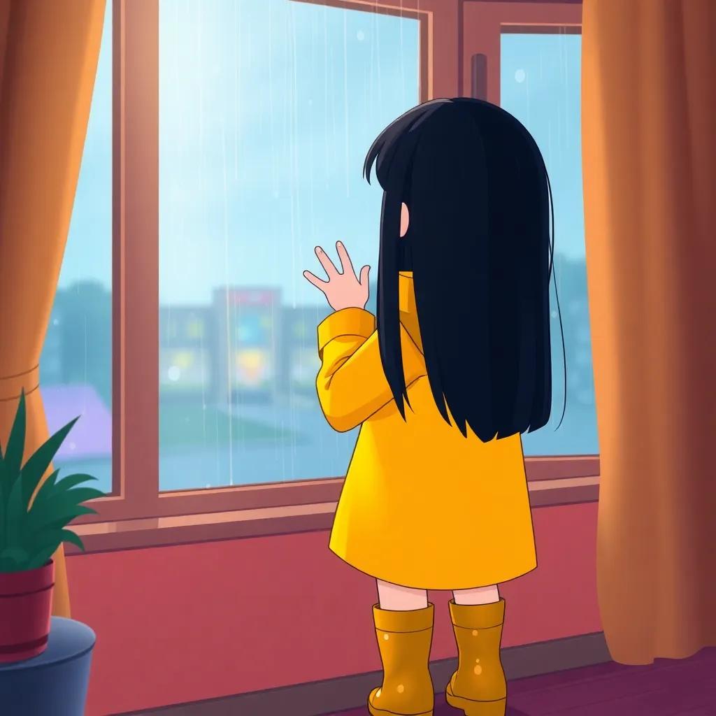 A girl named Kharkiv with long, straight black hair, wearing a bright yellow raincoat and shiny boots, looking out a window at heavy rain, with shimmering raindrops, cozy room atmosphere, cheerful digital art, vibrant colors, engaging perspective, high quality