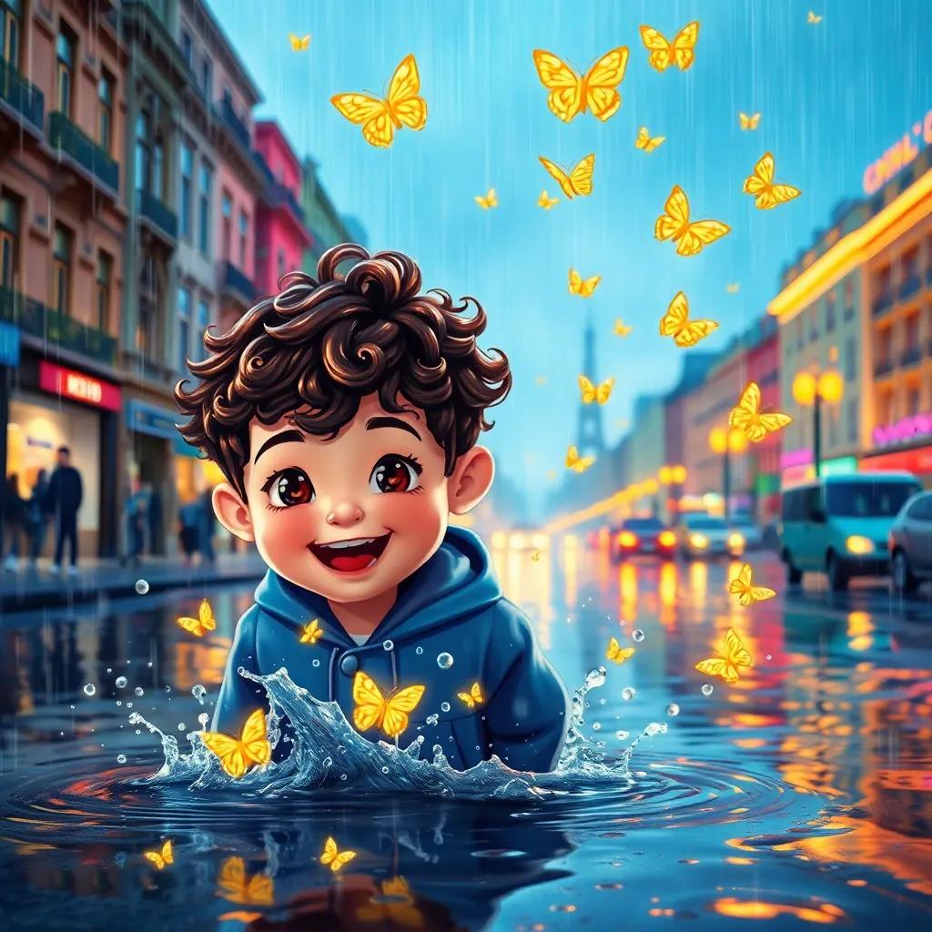 A boy named Kyiv with curly brown hair, wearing a blue raincoat, splashing in puddles with Kharkiv amid heavy rain, magical shimmering raindrops turning into butterflies around them, colorful city scenery, joyful and enchanting digital art, bright colors, magical perspective, high quality