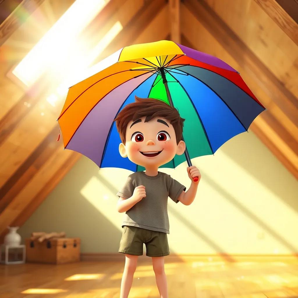 A young boy, Timmy, with short brown hair, wearing a t-shirt and shorts, enthusiastically holding a rainbow umbrella in a sunny attic filled with playful sunlight, digital art, vibrant colors, cheerful atmosphere, high quality