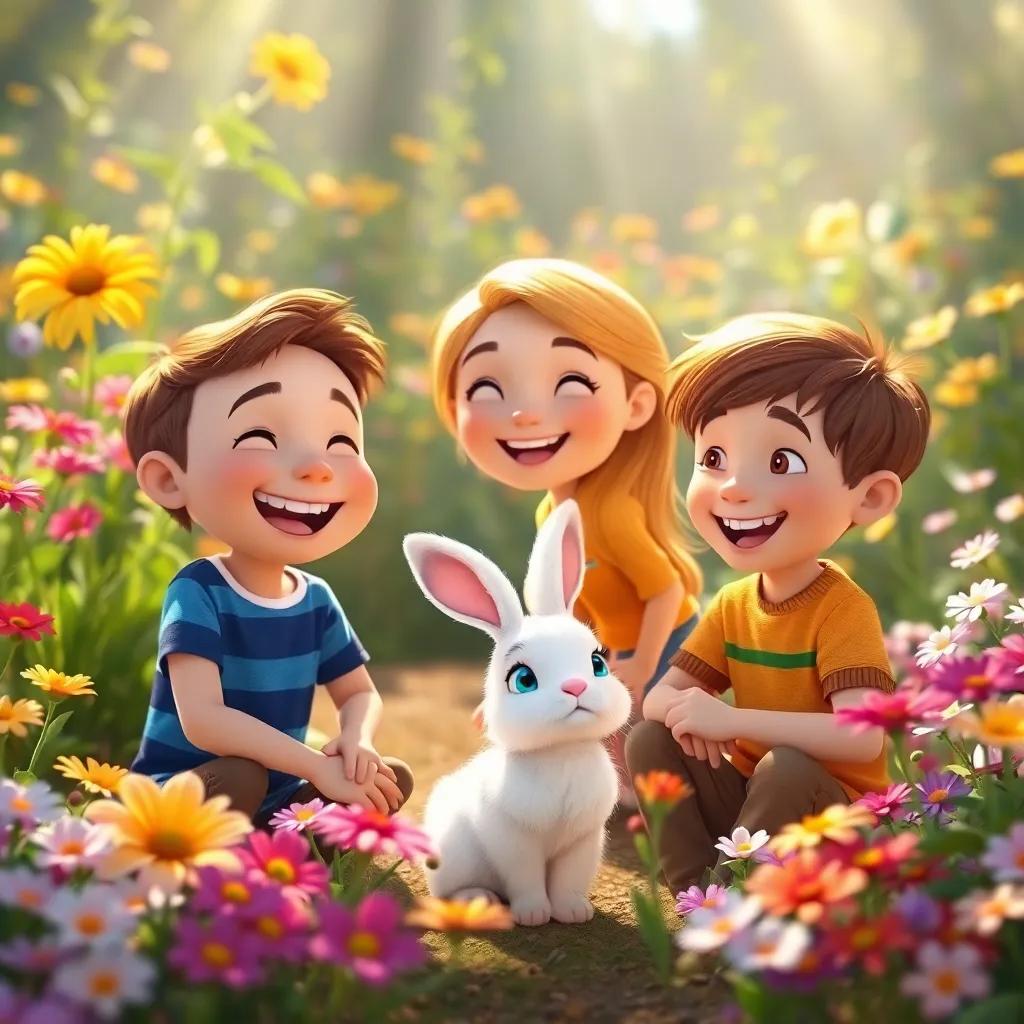 Timmy, Sarah, and Ben in a magical garden, surrounded by colorful flowers and a little white bunny with blue eyes, smiling and laughing together, bright sunlight shining down, magical atmosphere, high quality