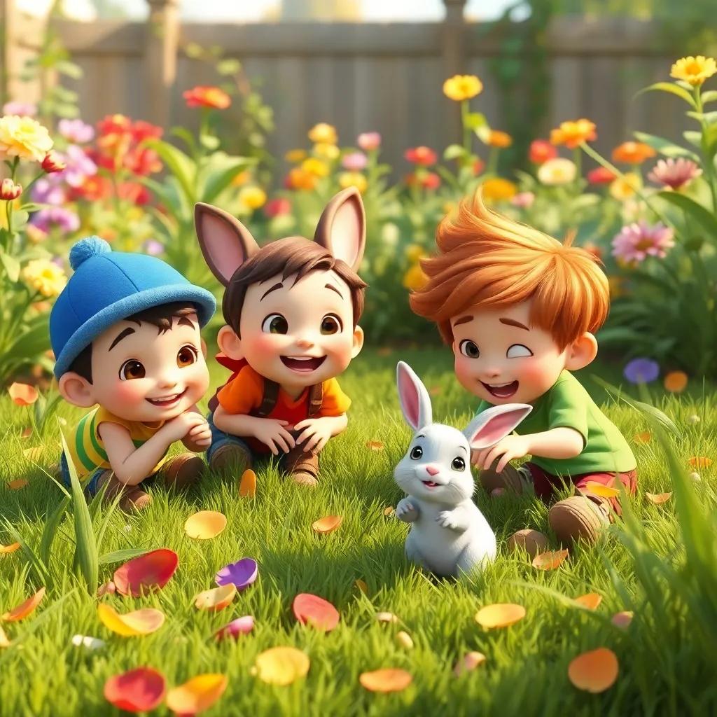 Timmy and his friends joyfully playing in the garden, hiding and seeking with the little bunny, green grass and colorful petals scattered around, cheerful scene, warm colors, high quality