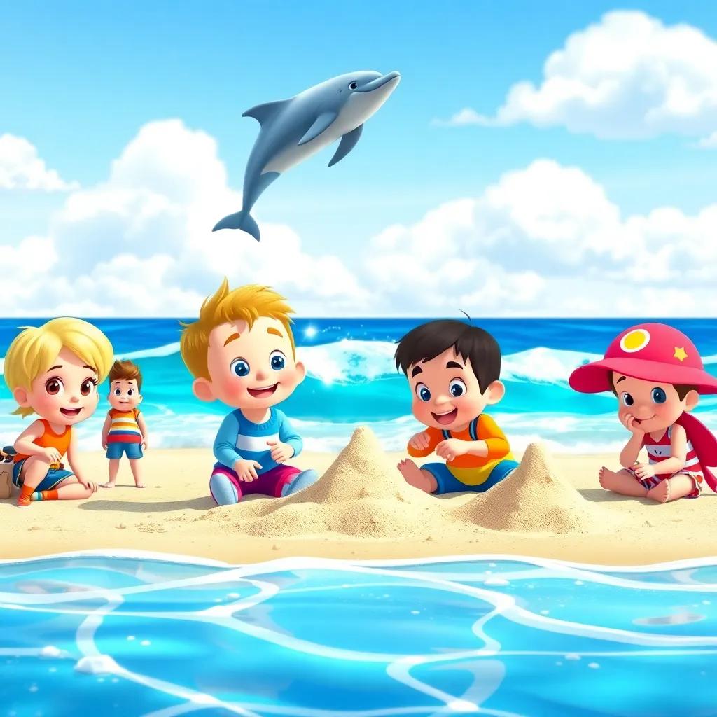 Timmy and his friends on a sunny beach, building sandcastles by the blue waves, a friendly dolphin jumping in the background, bright colors, happy atmosphere, high quality