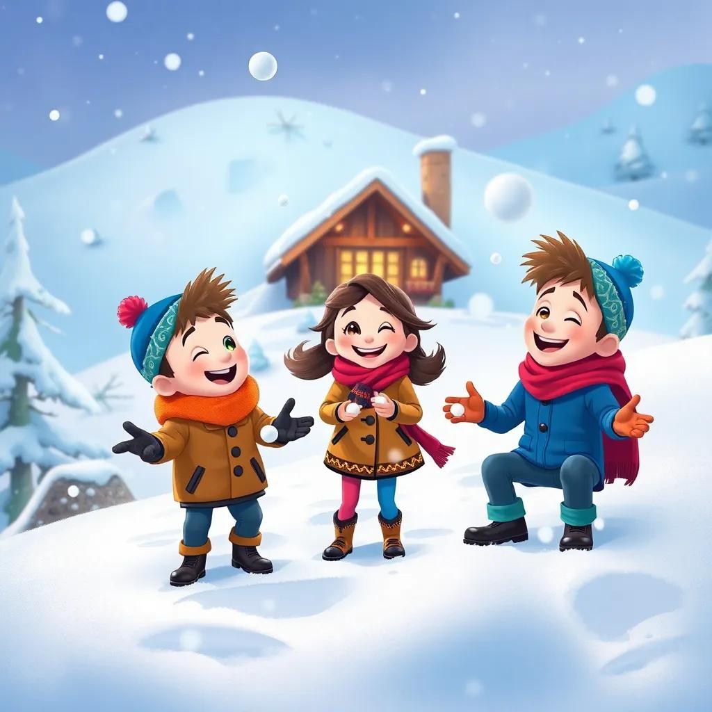 Timmy, Sarah, and Ben having fun on a snowy mountain, throwing snowballs and laughing together, snowflakes swirling around them, cozy cabin in the background, warm scene, high quality