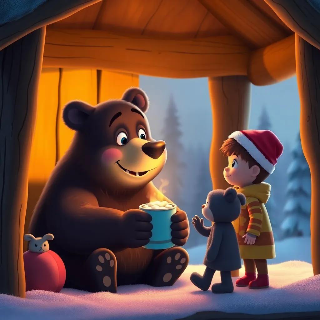 A friendly bear, Benny, inside a cozy cabin, offering hot cocoa to Timmy and his friends, warm light glowing inside the cabin, inviting atmosphere, high quality