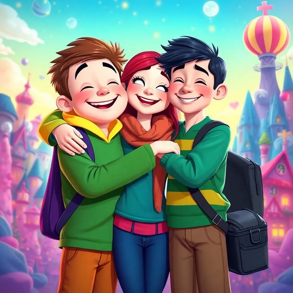 Timmy, Sarah, and Ben hugging together, smiling with joy after their adventures, colorful background representing memories of the magical places they've visited, vibrant colors, high quality