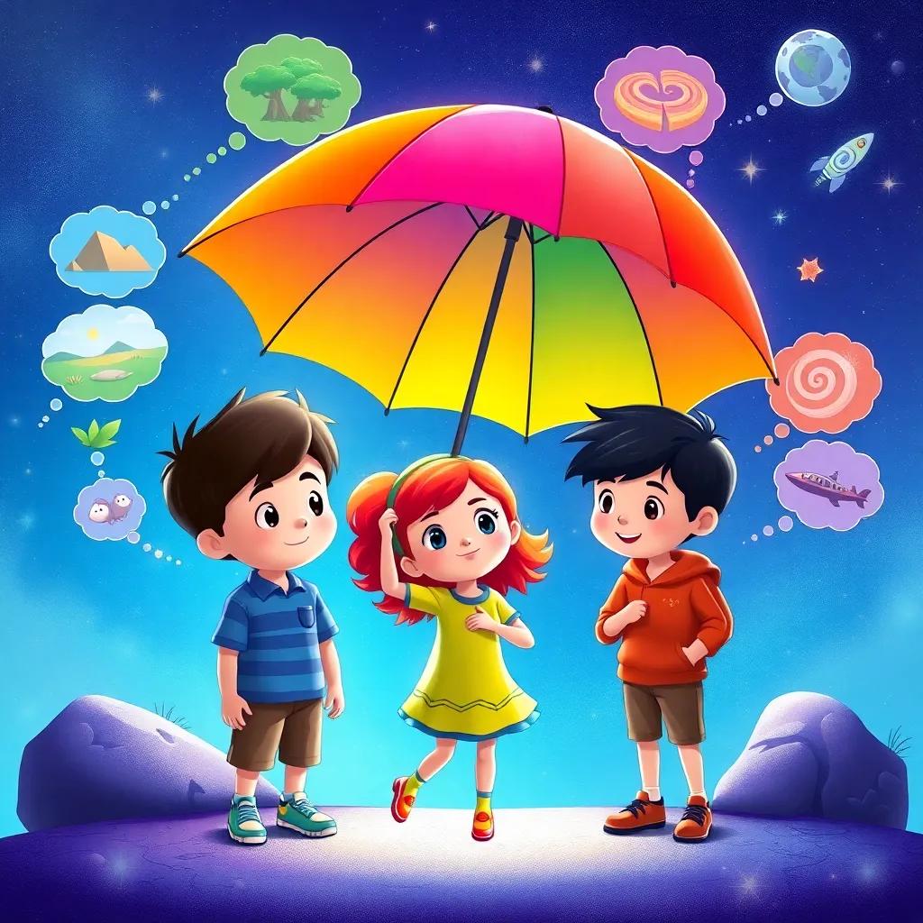 A whimsical illustration of Timmy, Sarah, and Ben dreaming about future adventures with their rainbow umbrella, colorful thought bubbles around them showing jungles, deserts, and outer space, magical atmosphere, high quality