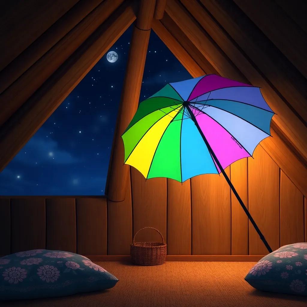 A peaceful attic at night with the rainbow umbrella leaning against the wall, filled with dreams of adventures, soft moonlight glowing, cozy and inviting scene, high quality