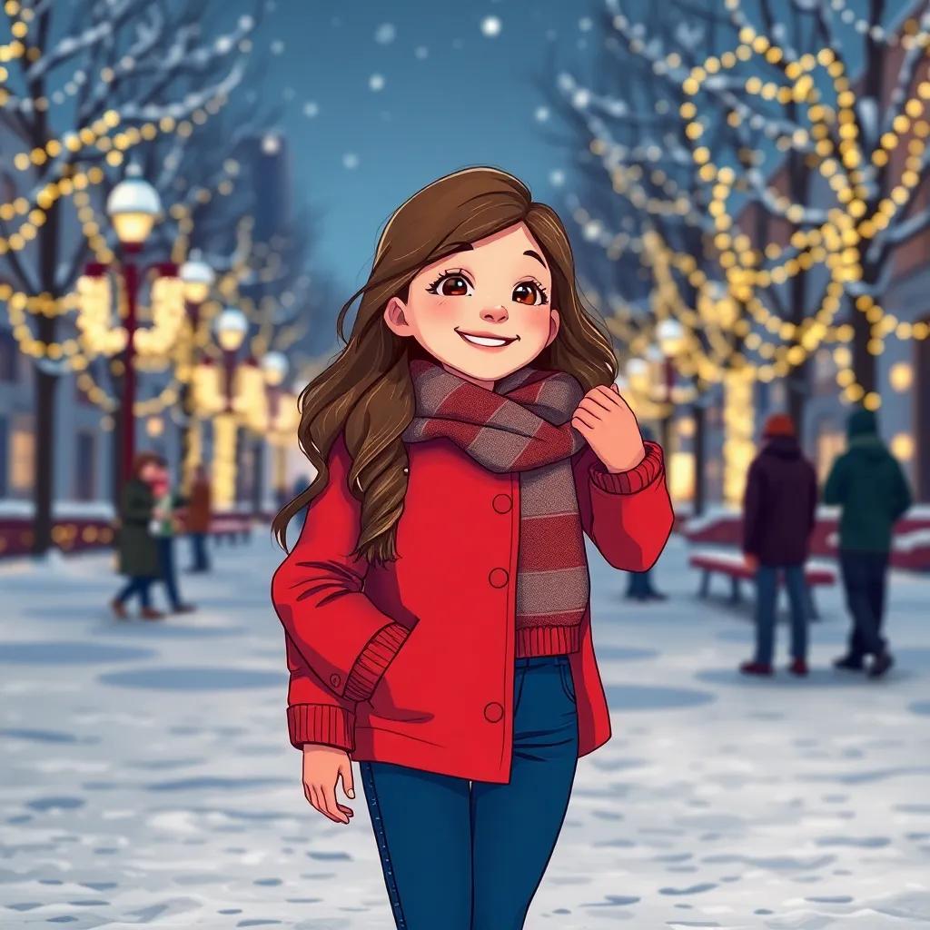 A cheerful girl, Charlize, with long, wavy brown hair, wearing a cozy red coat and blue jeans, standing in a snowy park with sparkling lights, joyfully meeting her old friend Michael, digital illustration, warm and festive colors, inviting atmosphere, high quality