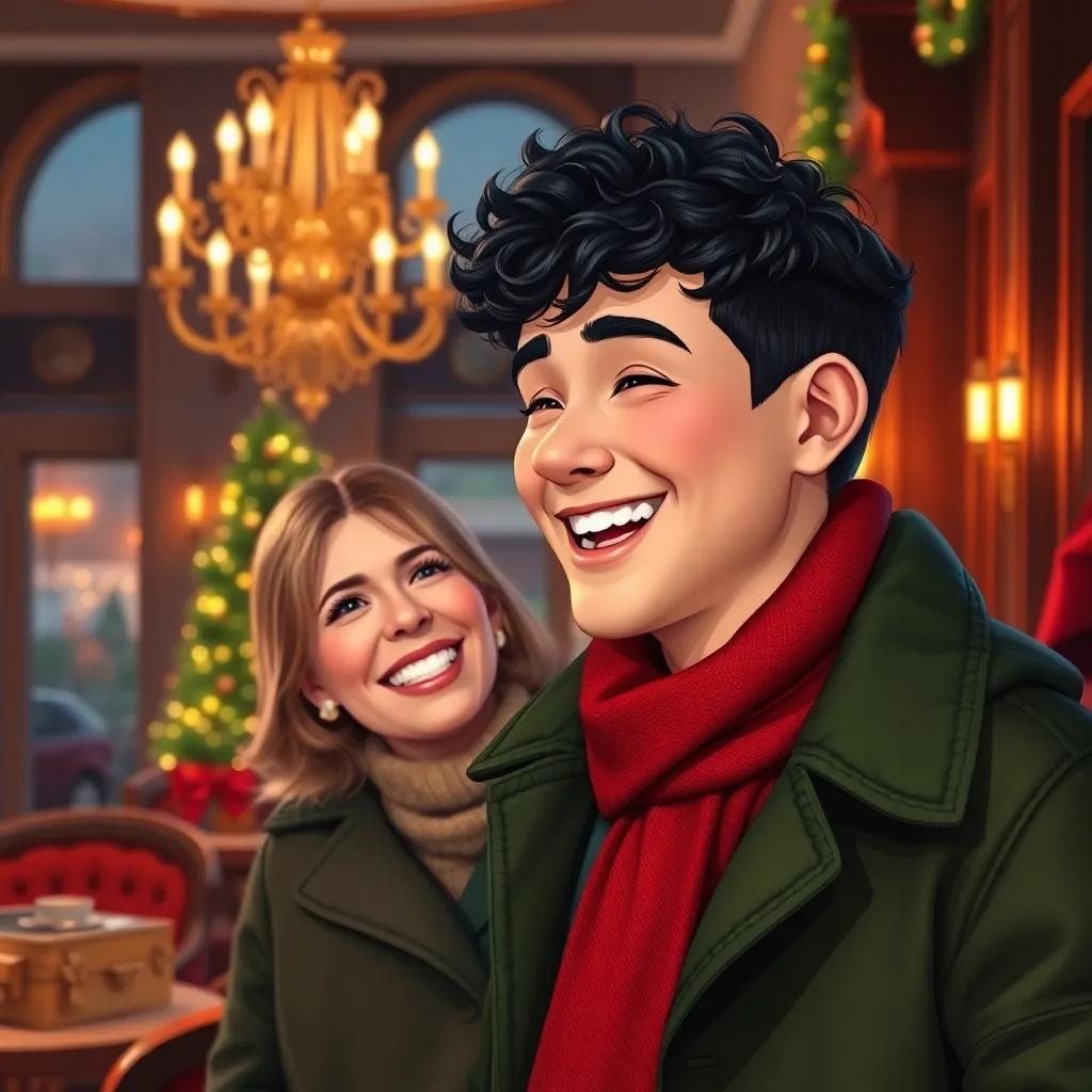 A young man, Michael, with short, curly black hair, wearing a green coat and a red scarf, laughing with Charlize in a cozy hotel with elegant decorations and holiday lights, showcasing a warm, friendly moment, digital art, vibrant colors, heartwarming scene, joyful ambiance, high quality