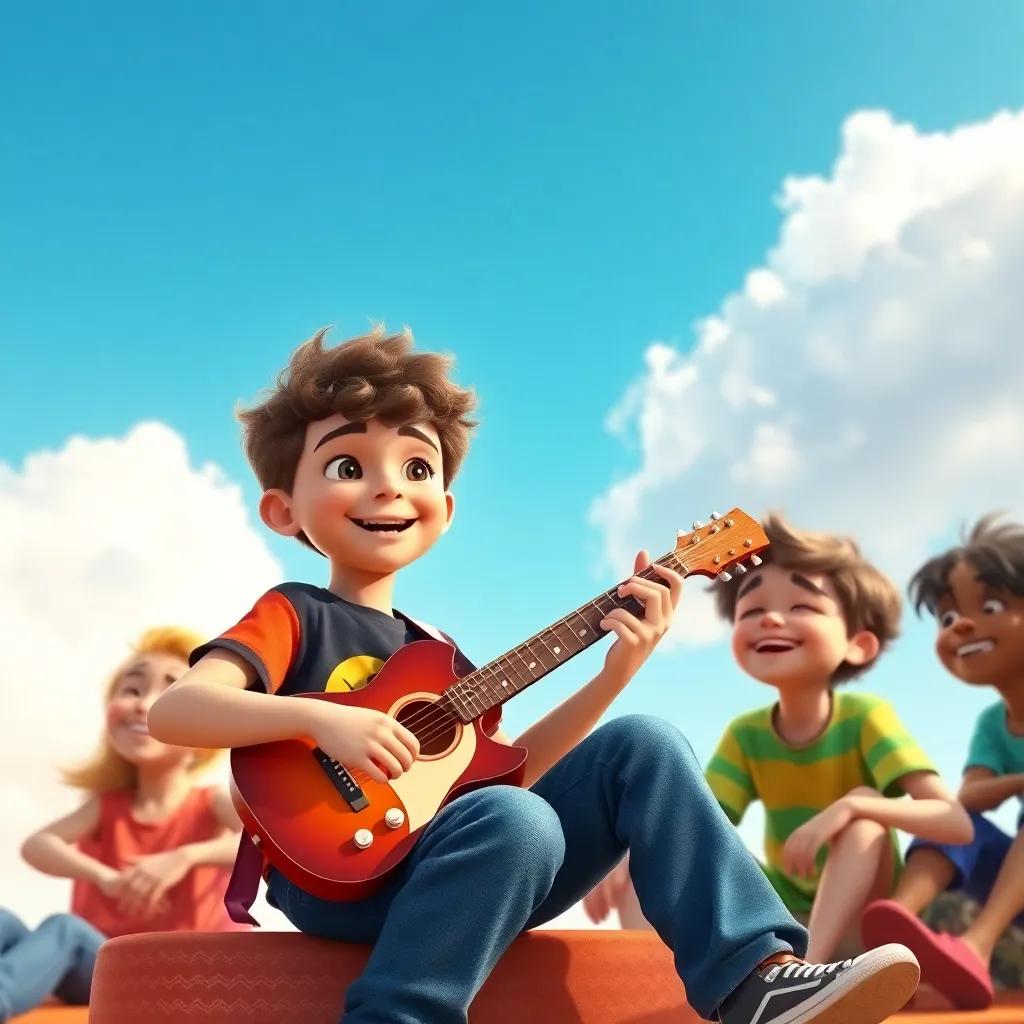 A young boy, Freddie, with short curly hair, wearing a colorful t-shirt and jeans, sitting under a big blue sky with a guitar, surrounded by smiling friends, playful atmosphere, digital art, vibrant colors, joyful scene, high quality