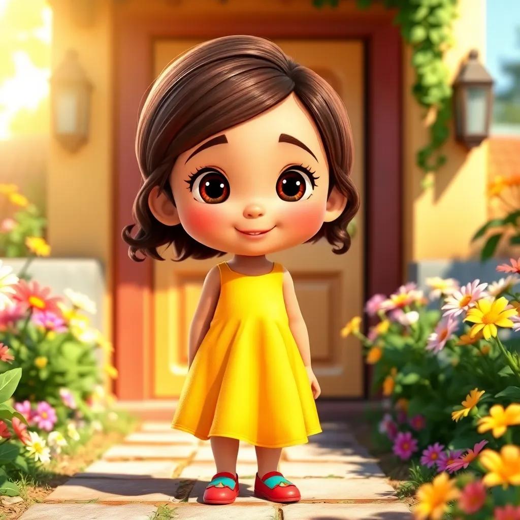A little girl, Mia, with brown hair wearing a bright yellow dress, standing in a sunny garden with a shiny, colorful door, surrounded by flowers, digital art, cheerful and vibrant colors, warm sunlight, inviting atmosphere, highly detailed
