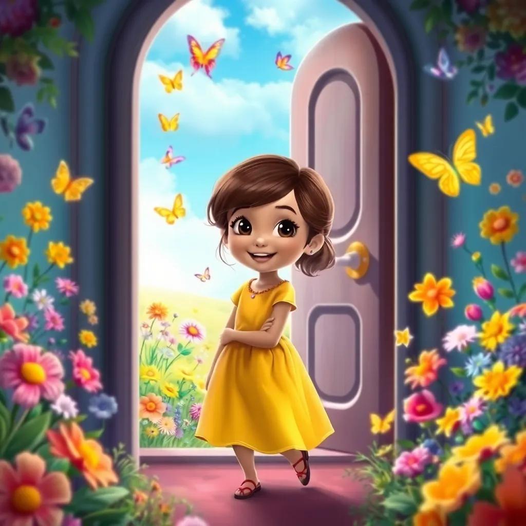 Mia, a little girl with brown hair in a yellow dress, stepping through a magical door into a vibrant land filled with colorful flowers and dancing butterflies, joyful scene, colorful digital painting, enchanting, child-friendly, high quality